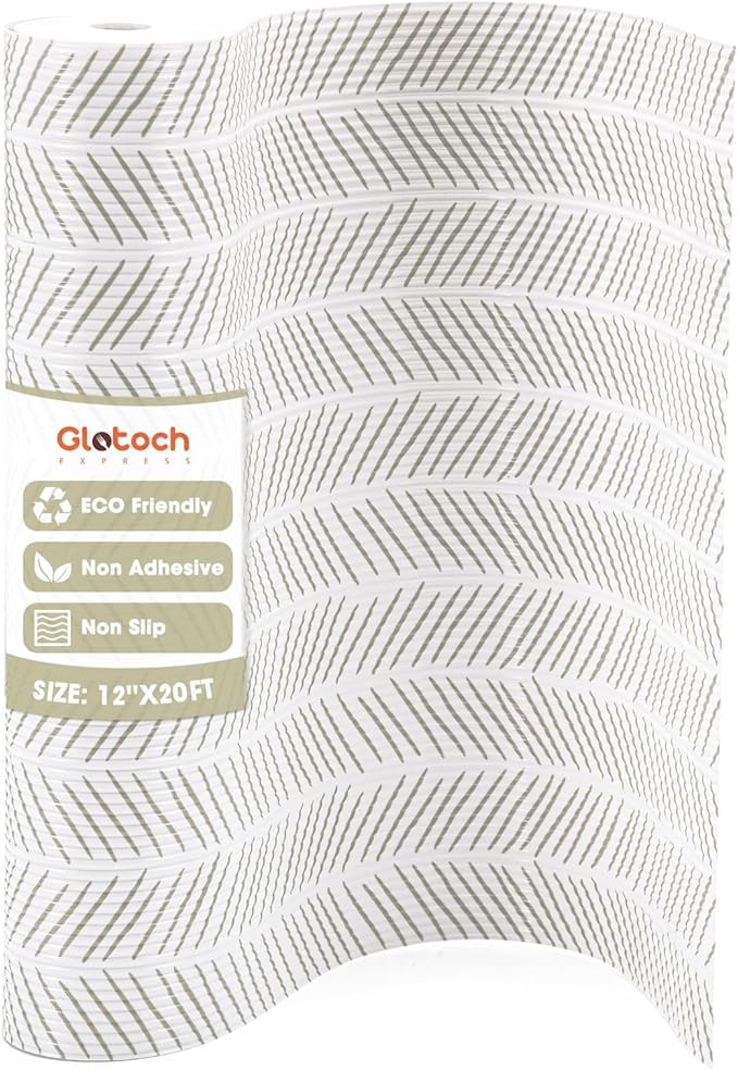 Glotoch Shelf Liners for Kitchen Cabinets, 12in x 20FT Non-Adhesive Liners for Shelves,Non Slip Waterproof Contact Paper for Drawers Pantry EVA Wire Shelf, White and Beige Herringbone