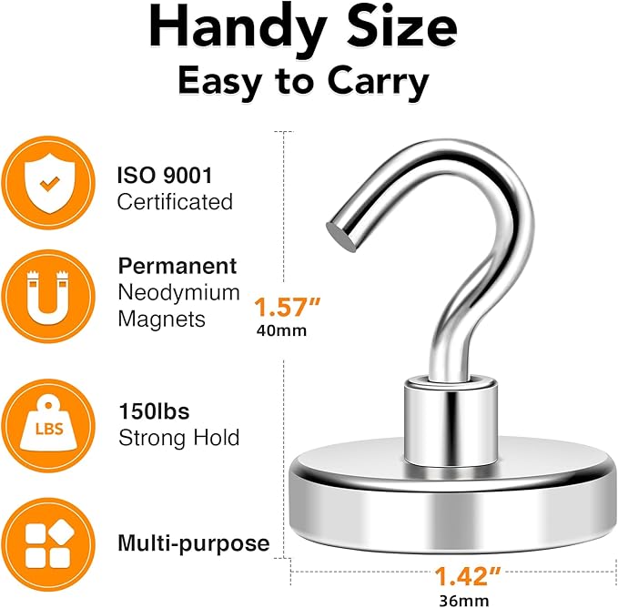 MIKEDE Magnetic Hooks Heavy Duty, 170Lbs+ Super Strong Magnet Hooks for Cruise Essentials, Neodymium Earth Magnets with Hook for Hanging, Magnetic Hanger for Fridge, Toolbox, Storage - 4 Pack