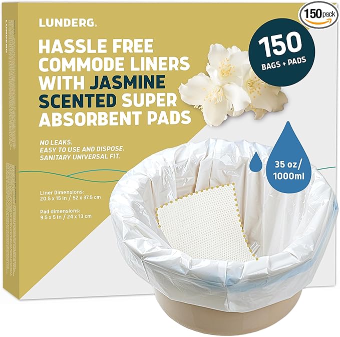 Lunderg Commode Liners with Absorbent Pads - Jasmine Scent Medical Grade 150 Count Universal Fit - Disposable Bedside Commode Liners and Pads for Adult Chairs, Portable Buckets & Camping Toilet Bags