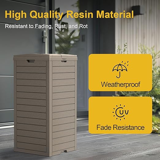 31 Gallon Outdoor Trash Can with Tiered Lid and Drip Tray,Waterproof Resin Waste Bin Indoor,Durable,Stylish,Lightweight Garbage Bin for Patio,Kitchen,Backyard and Office(Gray)