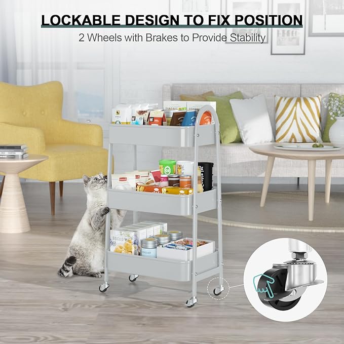 EAGMAK 3 Tier Utility Rolling Cart, Metal Storage Cart with Handle and Lockable Wheels, Multifunctional Storage Organizer Trolley with Mesh Baskets for Kitchen, Living Room, Office, Garage (Grey)