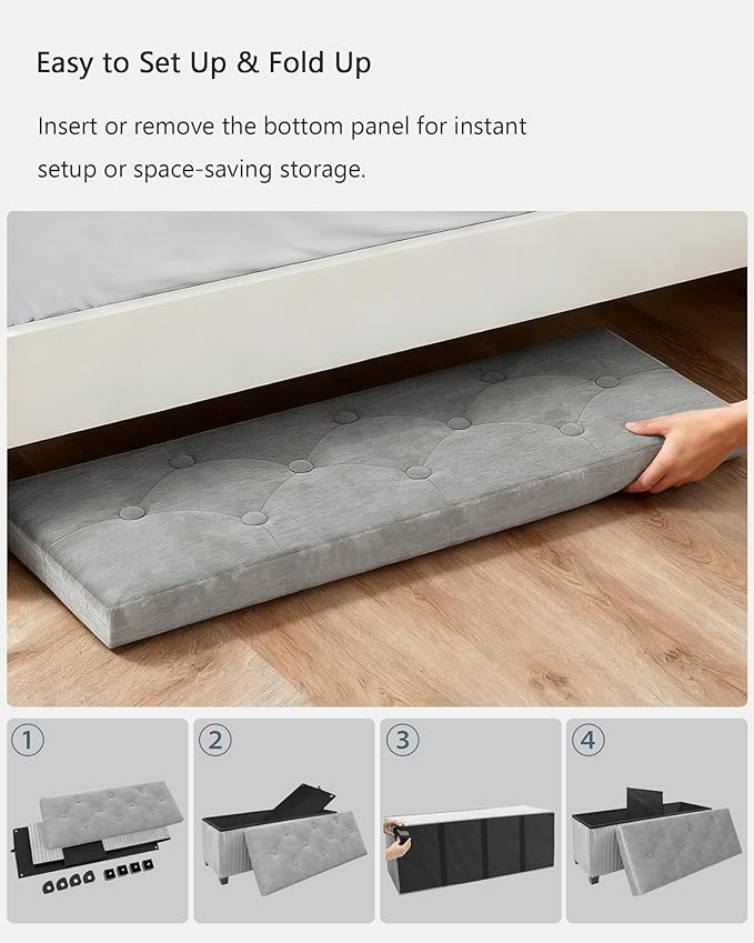 Storage Ottoman Bench, 43 Inch Foldable Ottoman with Legs, Velvet Foot Rest Stool, End of Bed Bench, Storage Chest for Living Room, Bedroom (Grey)