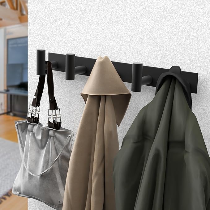 PMMASTO Coat Rack Wall Mounted, 5 "T Shaped Wall Hooks for Hanging, Heavy Duty Stainless Steel Coat Hook Rail for Hat Towel Robes in Bathroom Kitchen Mudroom Entryway (Black, 2 Pack)