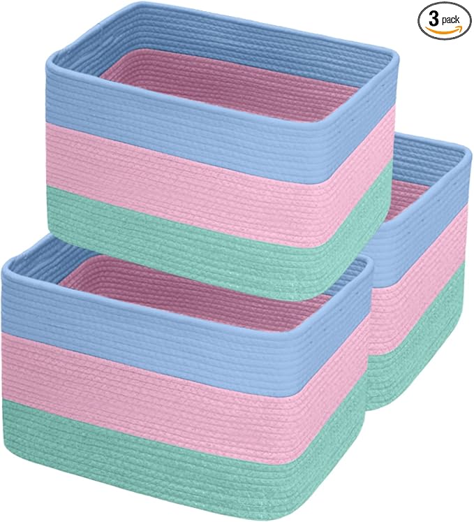 Hopegiver Woven Storage Baskets 15x11x10 Inch, 3 Pack Collapsible Cube Storage Bin for Shelves - Foldable Cotton Rope Organizer Bins for Towels, Toys, Books, Closet, Nursery (Blue Pink Green)