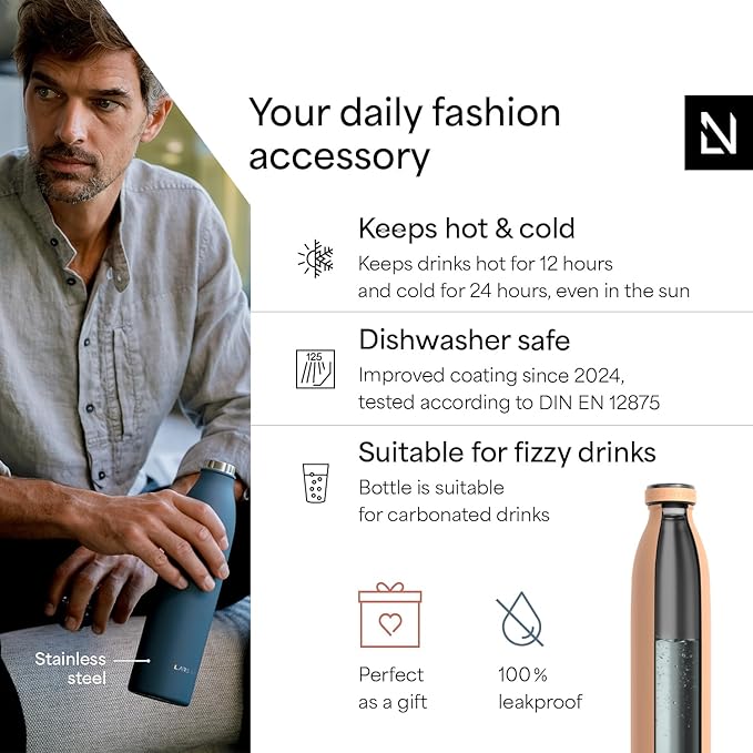 LARS NYSØM Stainless Steel Insulated Water Bottle 12oz 17oz 25oz 34oz 51oz | Insulated Thermo Flask for Hot and Cold Beverages | Leakproof Drinking Bottle (Creamy Peach, 33.9 oz)