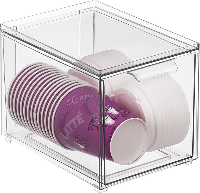 mDesign Plastic Pantry Organization and Storage Bin w/Pull Out Drawer - Slim Stackable Kitchen Supplies Storage Container for Organizing Cabinet, Fridge, Freezer - Lumiere Collection - 4 Pack - Clear