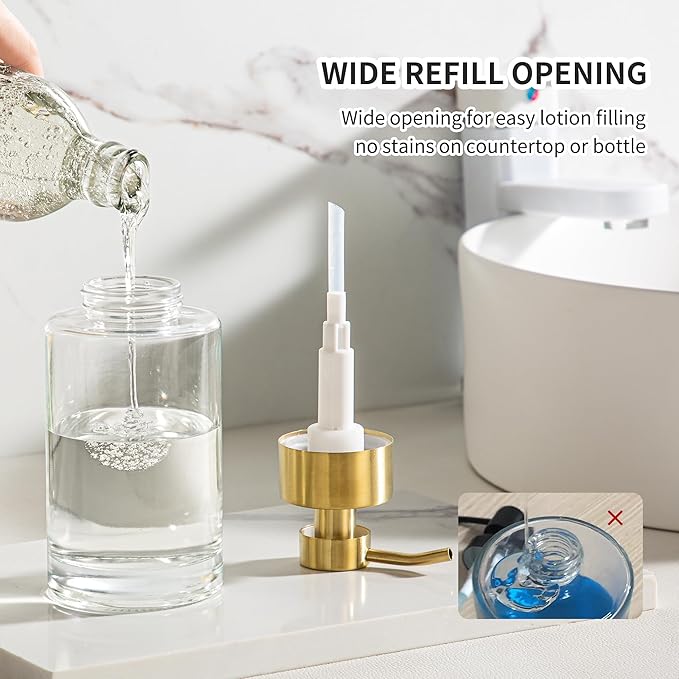 Enra Thick Glass Soap Dispenser with Stainless Steel Gold Pump,12oz Bathroom Hand Liquid Soap Dispensers,Lotion Dispenser,Soap Dispenser for Bathroom,Kitchen(Clear/Gold Liquid Type)