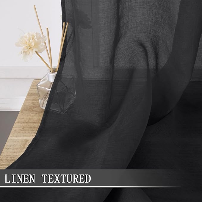 Tollpiz Short Sheer Curtain Living Room Linen Textured Curtains Sheer Light Filtering Voile Rod Pocket Curtain for Bedroom, 38 x 54 inches Long, Black, Set of 2 Panels