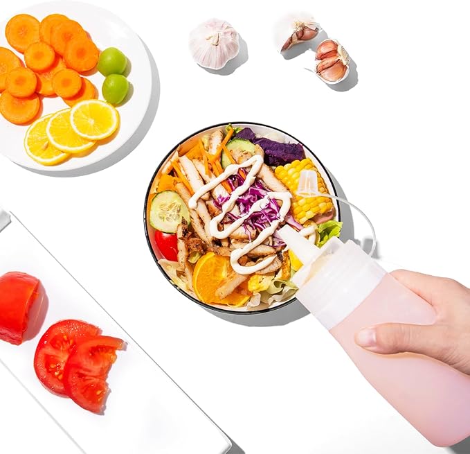 Condiment Squeeze Bottles, 16 oz Silicone Squeeze Bottles For Sauces, Leak Proof Condiment Containers with Extra Interchangeable lid, Easy Squeeze for Oil, Honey & Dressings, BPA FREE (4 Pack)