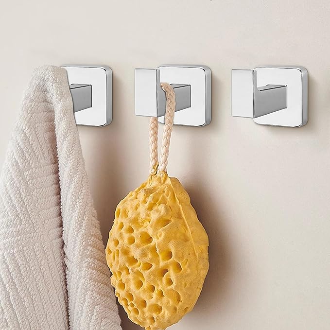 NearMoon Bath Towel Hooks -SUS304 Stainless Steel Square Clothes Robe Hooks Hanger, Heavy Duty Coat Hooks for Bathroom Livingroom Hotel Kitchen Garage, Wall Mounted - 3 Pack (Chrome Finish)