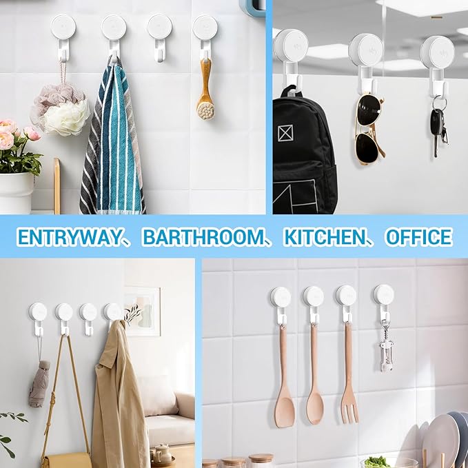 LUXEAR Suction Hooks Powerful Vacuum Suction Shower Hook- Heavy Duty Hangers Waterproof Wall Hooks for Bathroom Kitchen Towel, Robe, Loofah Removable and Reusable Hooks for Bags Coat (2 Pack)