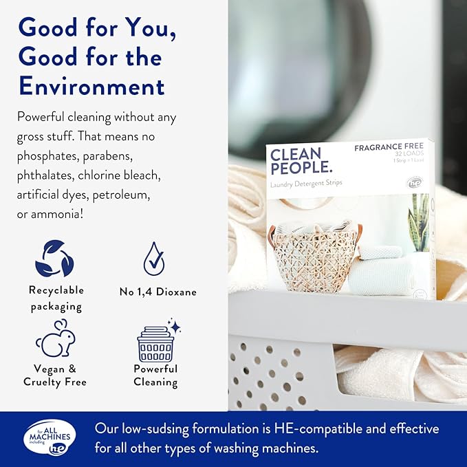 The Clean People Laundry Detergent Sheets - Laundry Soap - Ultra Concentrated, Recyclable Packaging, Stain Fighting - Sweet Petals & Vanilla, 32 Pack