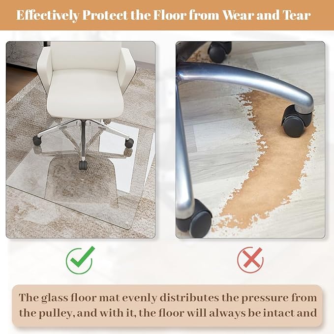 [Tempered Glass] 36" x 55" Glass Chair Mat, Heavy Duty Hard Floor Mat with Round Corner and Polished Edge, Office Chair Mat for Carpet Office Home Hardwood Floor Desk