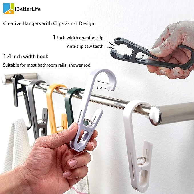 iBetterLife 4Pcs Laundry Hooks Hanging Clips Heavy Duty Outdoor Clothes Pins, Closet Organizer Single Clip Hangers Clamps Socks Boot Bras Underwear Kids Towels for Bathroom Wardrobe Kitchen Office
