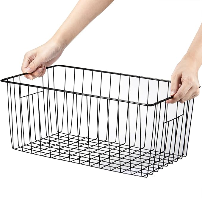 16" L x 12" W Wider Freezer Storage Organizer Baskets Container, Deep Metal Wire Chest Upright Refrigerator Divider Bins with Built-in Handles for Cabinet, Pantry, Kitchen, Black