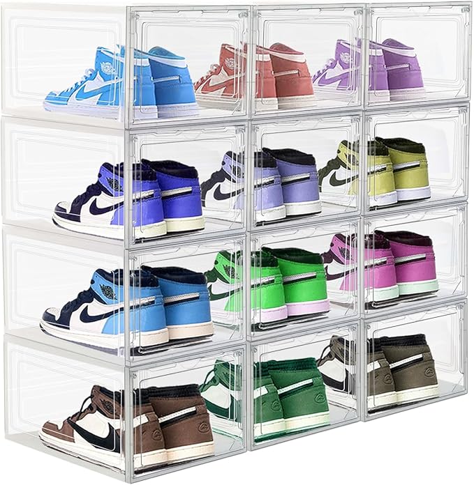 9 Pack Thicken Shoe Organizer Stackable Upgraded Sturdy Transparent Shoe Storage Box with Magnetic Door Sneaker Hats Display Case Fit Up to US Size 12, Clear