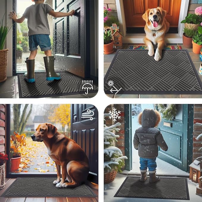 Smiry Front Door Mat Outside Entrance, Heavy Duty Outdoor Indoor Natural Rubber Doormat, Non Slip, Trap Dirt and Moisture, Easy Clean, Low Profile Patio Porch Entryway Mat, 35x23, Grey
