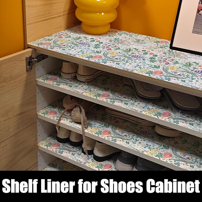 Floral Shelf Drawer Liners, 12IN x 20FT Non Adhesive and Strong Non-Slip Thickened Colorful Cabinet Drawer Shelf Liners for Kitchen Wire Fridge, Waterproof Cabinet Liner,Easy to Clean,