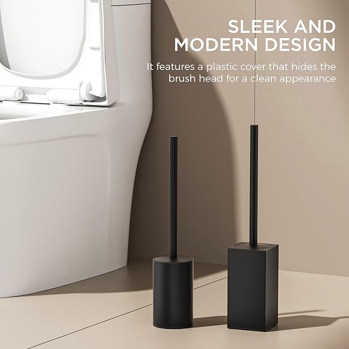 FORIOUS Toilet Brush and Holder Set, 304 Stainless Steel Heavy Duty Base and Handle for Bathroom Deep Cleaning, Toilet Bowl Cleaners Brush with Holder, Space Saving for Storage (2, Matte Black)