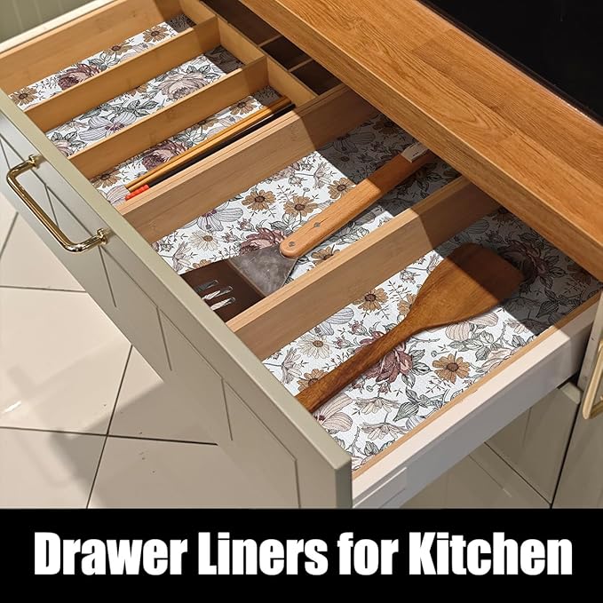 Floral Drawer Shelf Liners, Non Adhesive and Strong Non-Slip Cabinet Drawer Shelf Liners for Kitchen Wire Fridge, Waterproof Shelf Liner,Easy to Clean,12IN x 10FT