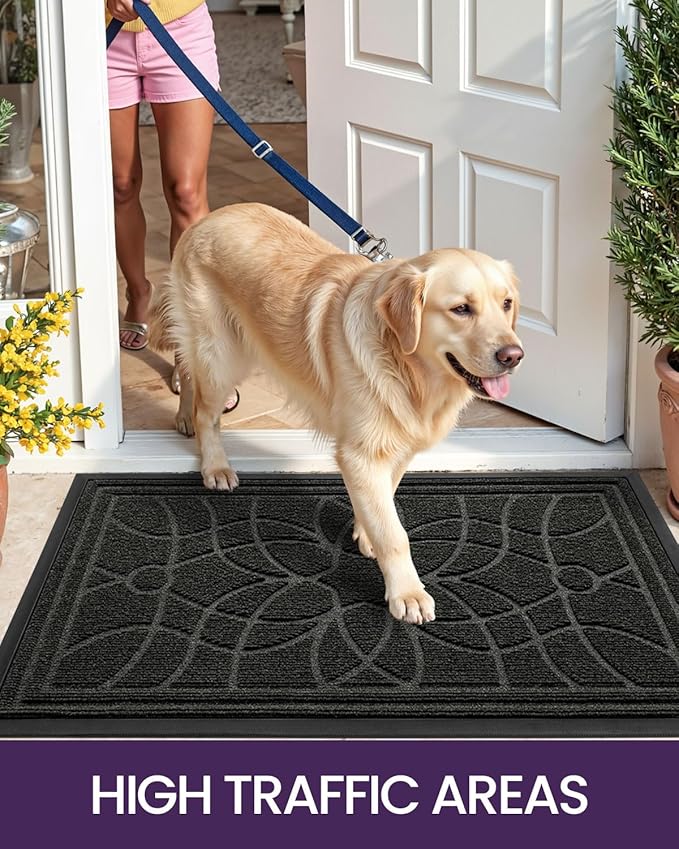 DEXI Front Door Mat Outside Entrance, Heavy Duty Non Slip Low Profile Doormat for Entryway, Trap Dirt and Moisture Welcome Mats, Easy Clean, Patio, Garage, 5x3, Black