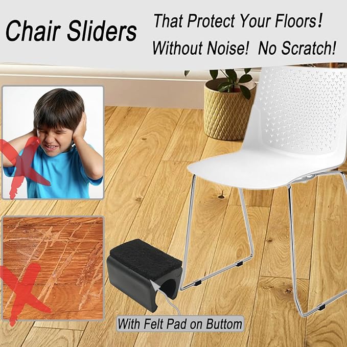 Rectangle U Shaped Chair Leg Tips Cap with Felt Pads,Furniture Feet Protector Slide Smoothly Glides,Protect Hardwood Floor No Scratches No Noise,Fit 14mm(9/16inch) Diameter Tubular Legs (Black 32PCS)
