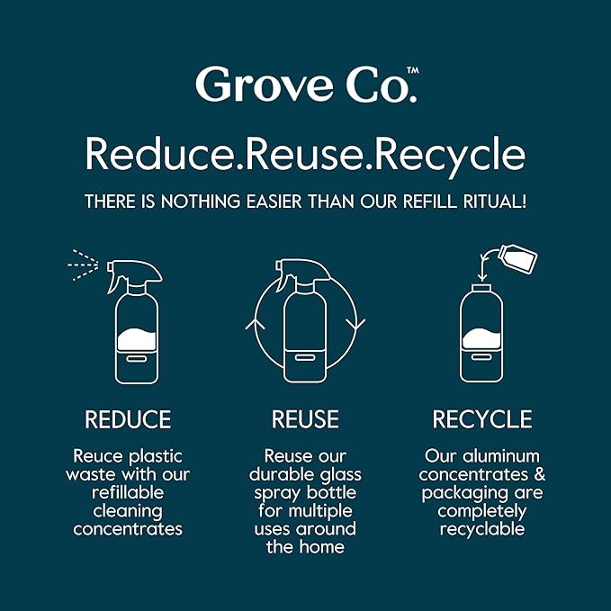 Grove Co. Tub and Tile Cleaner Refill Concentrate (2 x 1 Fl Oz) + 1 x Reusable Glass Spray Bottle (16 Oz) Plant-Based Cleaning Supplies Bundle, No Plastic Waste, Lemon & Eucalyptus Scent