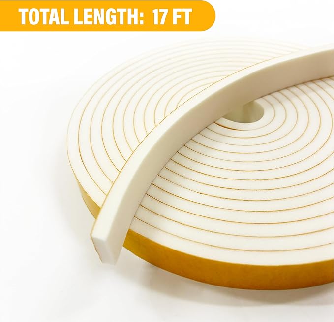 Weather Stripping Foam Tape, 17 Ft Door Seal Strip, EVA Material, High Density 1/4" Thick, No Residue Adhesive, Weatherproof Door Seal Strip for Sliding Door, Windows, White (1" Wide)