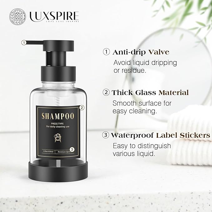 Luxspire Foaming Soap Dispenser, Glass Foam Pump Soap Dispenser, Non-Slip Hand Soap Dispenser with 5 Waterproof Labels, 15 Oz Refillable Liquid Soap Dispenser for Bathroom & Kitchen, Clear, 1 Pack