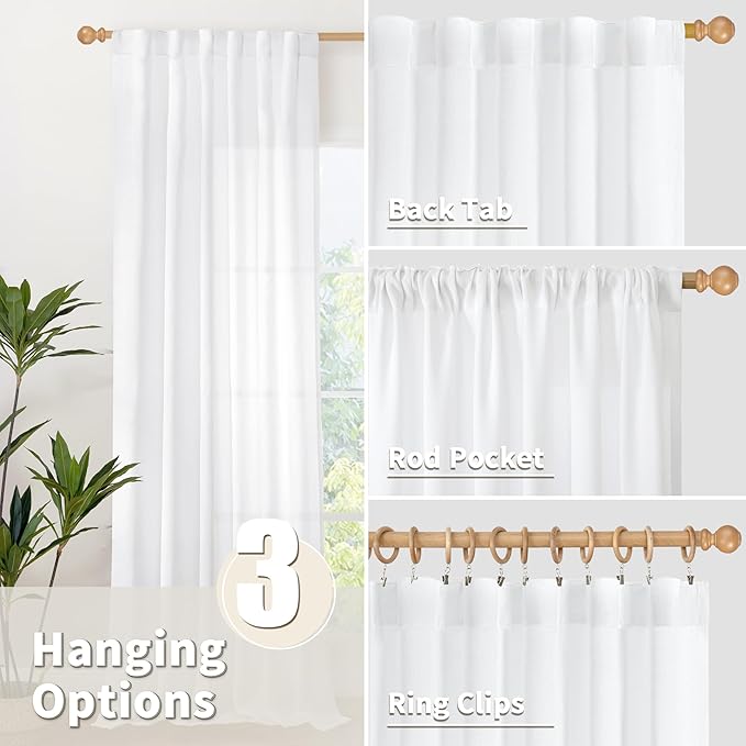 YoungsTex 40 Inch Length White Linen Curtains for Kitchen Window, Rod Pocket Short Semi Sheer Drapes Light Filtering for Bathroom Bedroom Back Tab Small Curtain, 42 X 40 Inch, 2 Panels