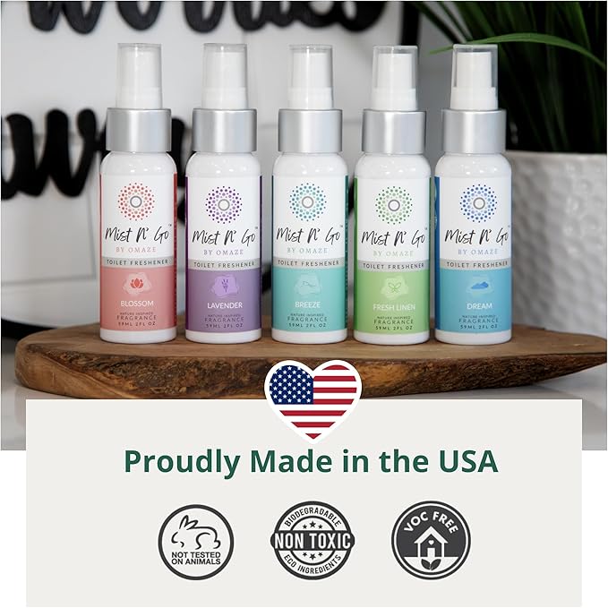 Mist N' Go by Omaze Travel Toilet Odor Eliminator - Air Freshener Spray for Bathroom Deodorizer - Mix All, Regular Size (2oz x5)