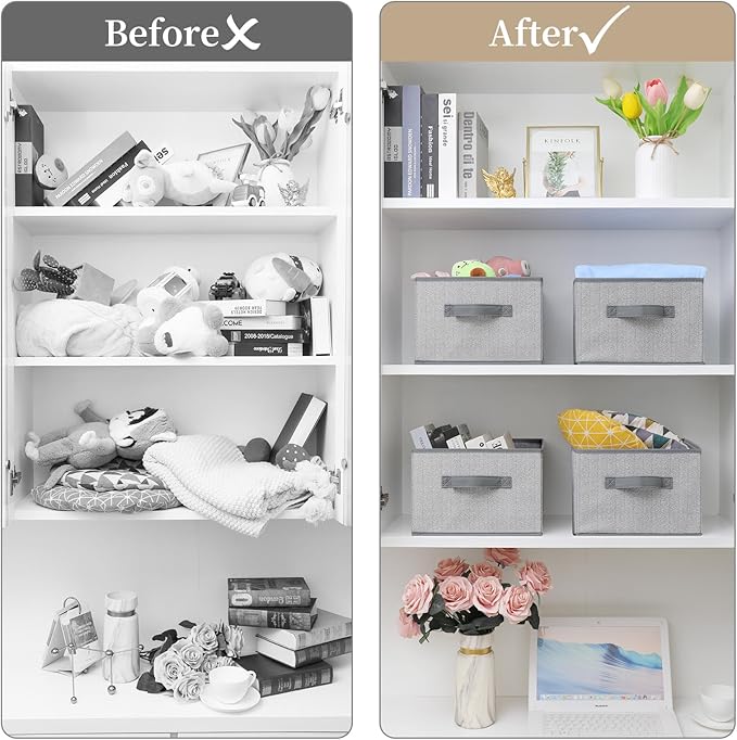 Storage Baskets, 11-Inch Woven Fabric Bins, Storage Cubes with Reinforced Handles, Organizer Bins for Closet Shelves, Foldable, for Toys, Clothes, Natural Beige (3PCS/Grey-11*11*7.8inch)