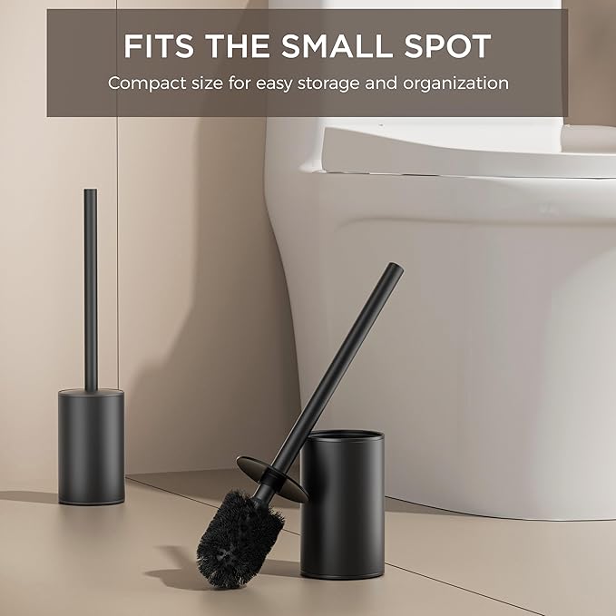 FORIOUS Toilet Brush and Holder Set, 304 Stainless Steel Heavy Duty Base and Handle for Bathroom Deep Cleaning, Toilet Bowl Cleaners Brush with Holder, Space Saving for Storage, Matte Black
