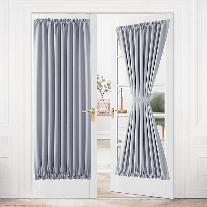 DWCN French Door Curtains – Rod Pocket Thermal Blackout Curtain for Doors with Glass Window, Kitchen and Patio Doors for Privacy, 54 X 80 Inches Long, 1 Curtain Panel with Tieback, Silver Grey