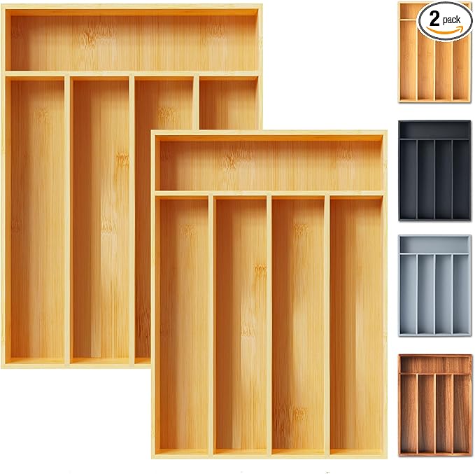 Silverware Organizer, 2 Pack 10 Inch Utensil Organizer Kitchen Drawer Organizer Bamboo Silverware Holder Cutlery Tray Organizer in Drawer Flatware Organizer Tray(5 slots, Natural）