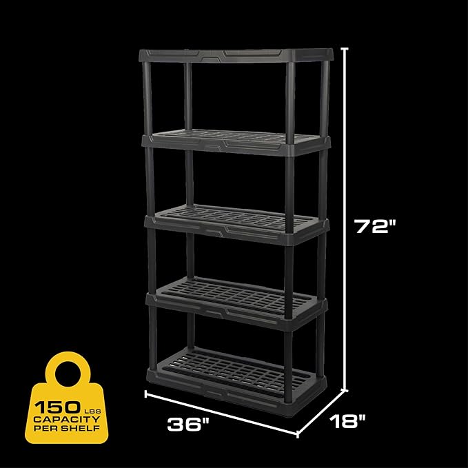 CX 5-Tier (72”H x 36”W x 18”D) Plastic Storage Shelving Unit (Black) 2 Pack, Heavy Duty, 150lbs Per Shelf Capacity, Indoor/Outdoor Storage Organization in Home, Garage, Office, Easy Assembly