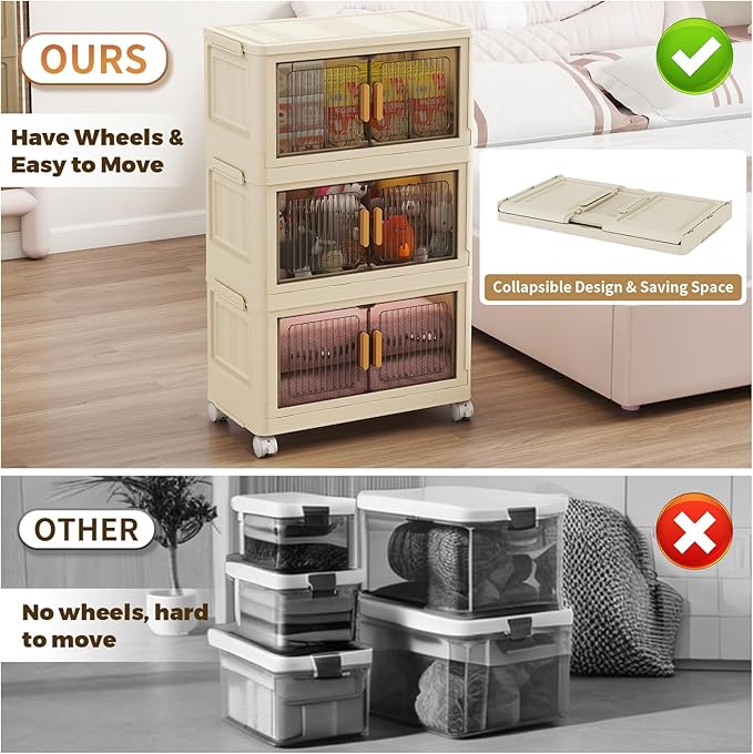 3 Tier Stackable Plastic Storage Bins with Lids 28QT, Collapsible Closet Organizers and Storage with Wheels for Living Room,Office,Dorm