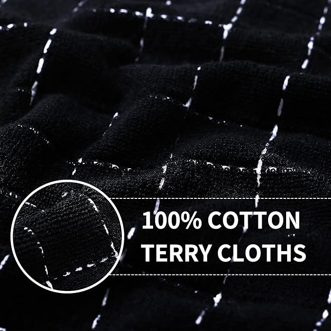 Homaxy 100% Cotton Terry Kitchen Towels(Black, 13 x 28 inches), Checkered Designed, Soft and Super Absorbent Dish Towels, 12 Pack