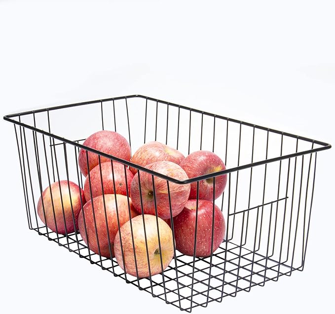 16" L x 12" W Wider Freezer Storage Organizer Baskets Container, Deep Metal Wire Chest Upright Refrigerator Divider Bins with Built-in Handles for Cabinet, Pantry, Closet, Kitchen, Black