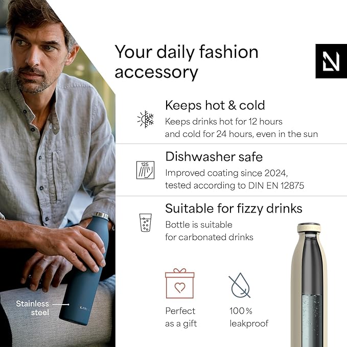 LARS NYSØM Stainless Steel Insulated Water Bottle 12oz 17oz 25oz 34oz 51oz | Insulated Thermo Flask for Hot and Cold Beverages | Leakproof Drinking Bottle (Almond Beige, 33.9oz)