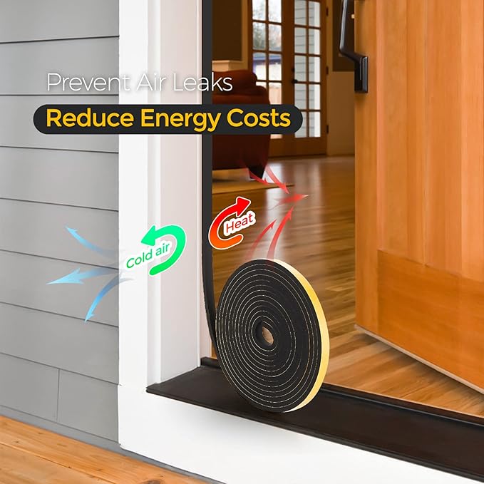 13 Feet Weather Stripping Door Seal - 1/2" Wide x 1/2" Thick Door Bottom Seal Strip High Density Foam Tape Adhesive Rubber Strip for Door Soundproofing, Window Insulation (Black)