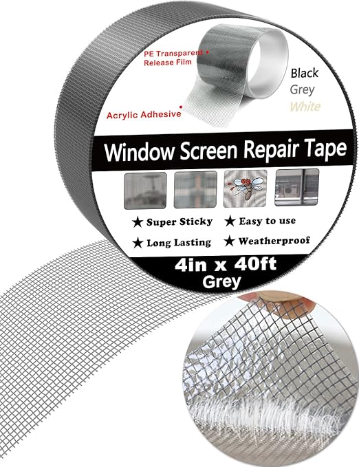 wohohoho Window Screen Repair Tape, 4 in X 40 FT (480IN) Grey Screen Patch Repair Kit, 3-Layer Strong Adhesive Invisible Screen Tape Mesh Repair for Windows, Doors Garage Mosquito Net Magnetic Screen
