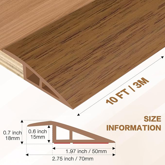 Floor Transition Strip Vinyl Door Threshold Ramp Self Adhesive Carpet Edging Strip Doorway Edge Trim, Overlap Edge Reducer for Laminate Carpet, Floor, Tile (Orange Oak, 2/5" to 3/5", 10Ft)