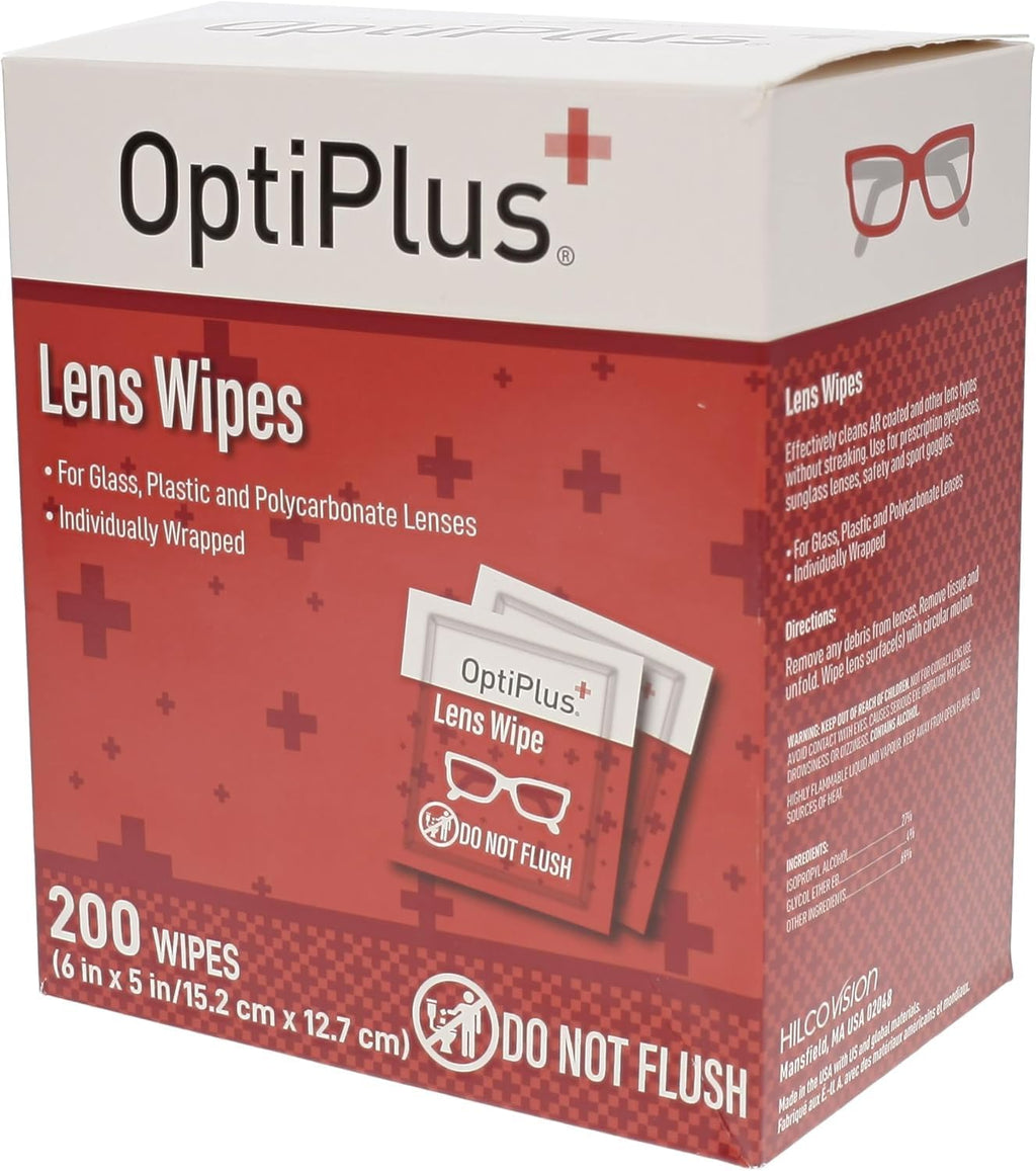 OptiPlus Eyeglass Lens Wipes l Pre-Moistened l Cleaning Wipes for Glasses, Smart Phones, Optical Lens, Goggles, and Watch Screen l Quick-Dry & Scratch-Free | 200 Count (Pack of 1))