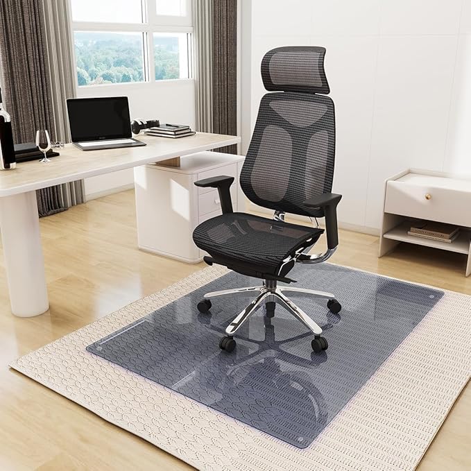 [Tempered Glass] 46" x 55" Glass Chair Mat, Heavy Duty Hard Tempered Glass Mat with Round Corner and Polished Edge, Transparent Glass Office Chair Mat for Office and Home Hard Floor or Carpeted, Grey