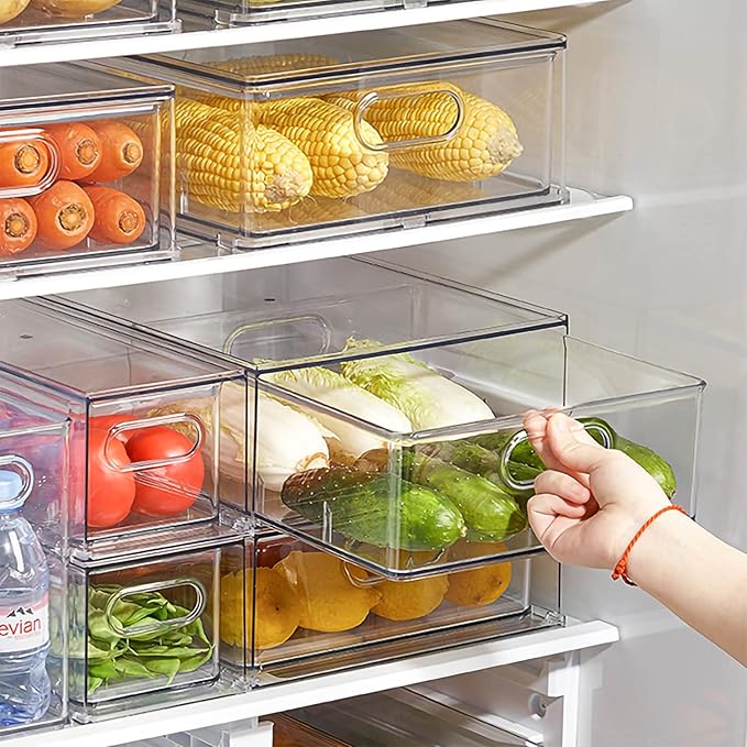 MineSign 4Pack Stackable Fridge Drawers Pull-out Storage Bins with Handle Clear Food Container for Refrigerator Plastic Dresser Organizer Fruit&Veggie Keeper for Freezer Cabinet Kitchen Organization