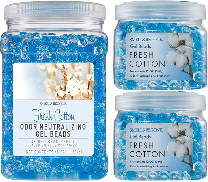 SMELLS BEGONE Odor Eliminator Gel Bead Value Pack - 72 oz - Air Freshener - Made with Essential Oils - Eliminates Odors in Bathrooms, Pet Areas, Cars, & Boats - Fresh Cotton Scent
