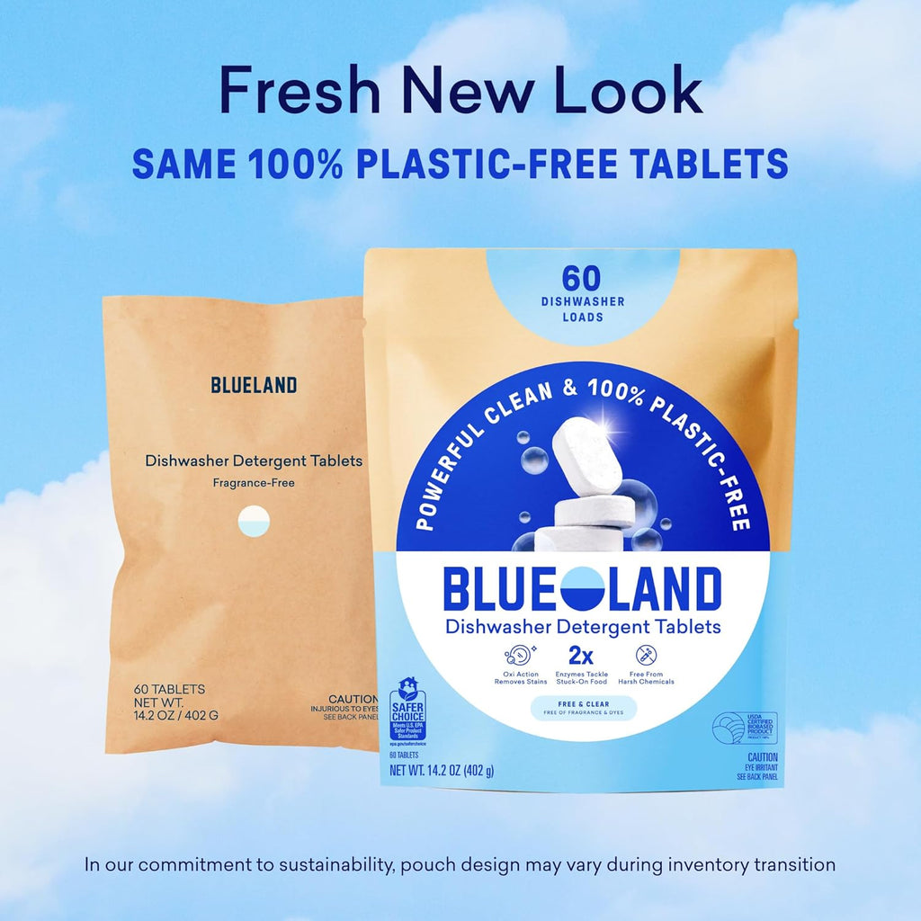 BLUELAND 100% Plastic-Free Dishwasher Detergent Tablets, 60 Count, Free & Clear, Eco-Friendly Dishwashing Pods, Natural, USDA Certified biobased