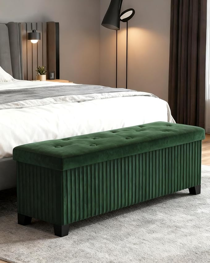 Storage Ottoman Bench, 43 Inch Foldable Ottoman with Legs, Velvet Foot Rest Stool, End of Bed Bench, Storage Chest for Living Room, Bedroom (Green)