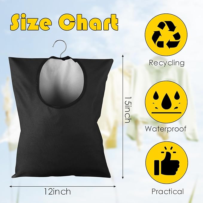 2 Pcs Clothes Pin Hanging Bag With Hook - 15 x 11 Inch Black Laundry Canvas Holder - Waterproof Storage Organizer for Clothespins